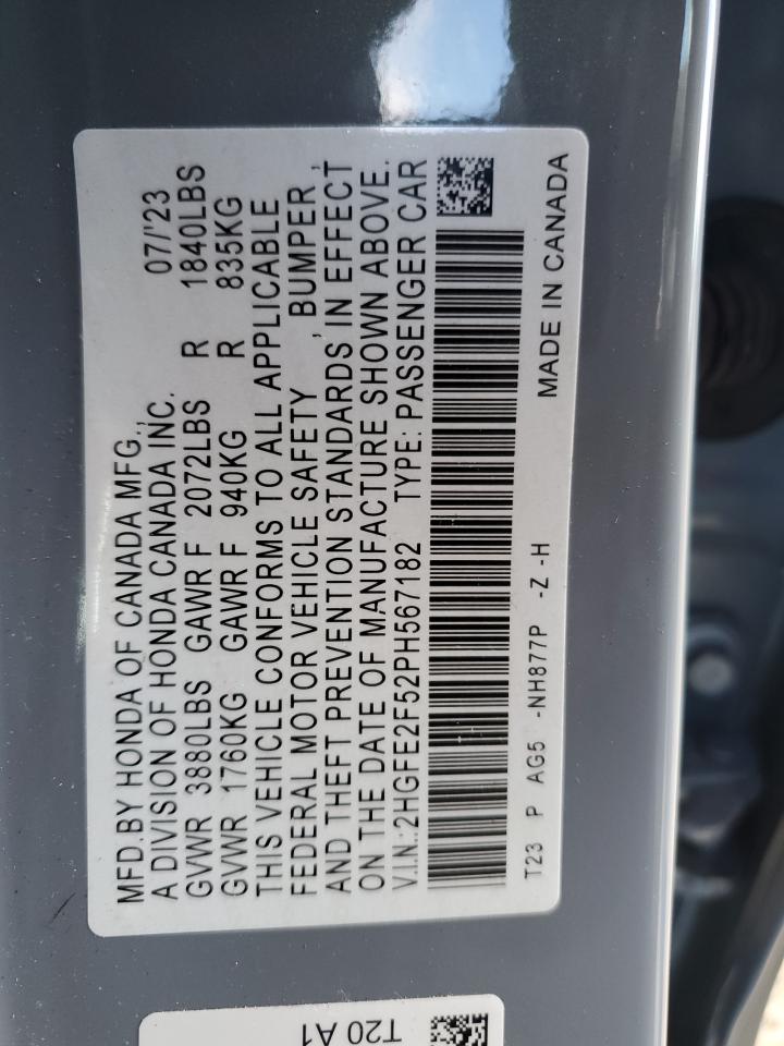 2023 HONDA CIVIC SPORT VIN:2HGFE2F52PH567182