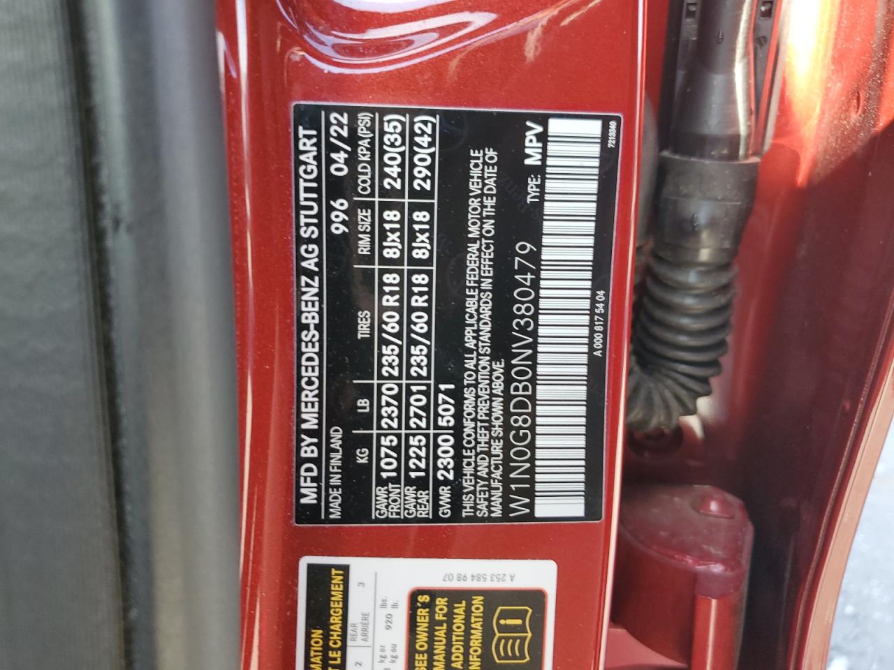 2022 MERCEDES-BENZ GLC 300 VIN:W1N0G8DB0NV380479