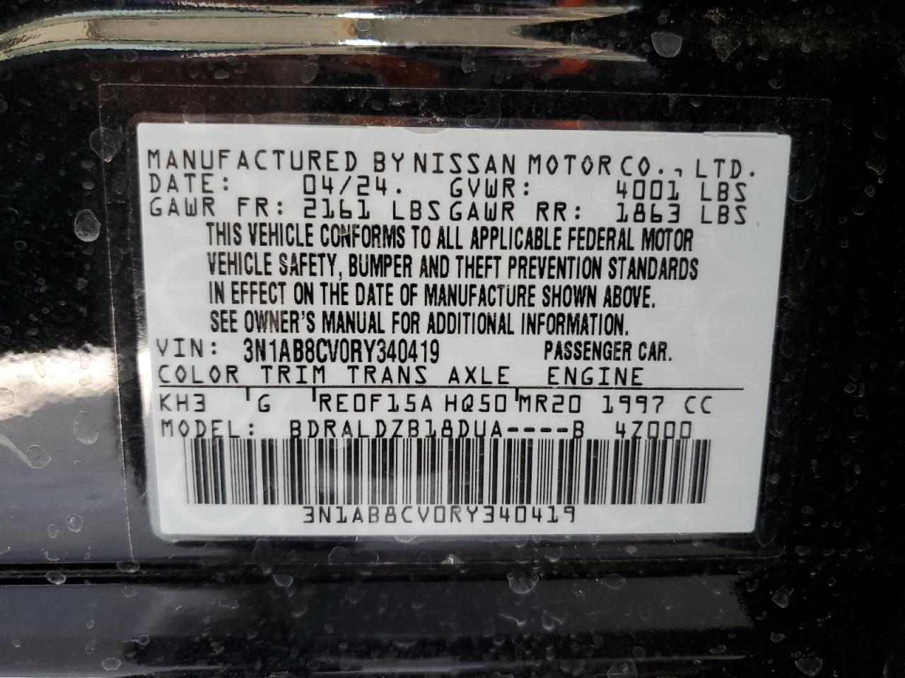 2024 NISSAN SENTRA SV VIN:WP0AA2A8XNS255297