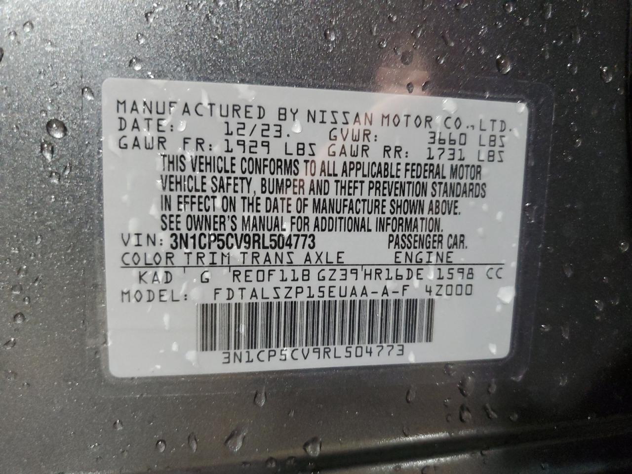 2024 NISSAN KICKS SV VIN:3N1CP5CV9RL504773
