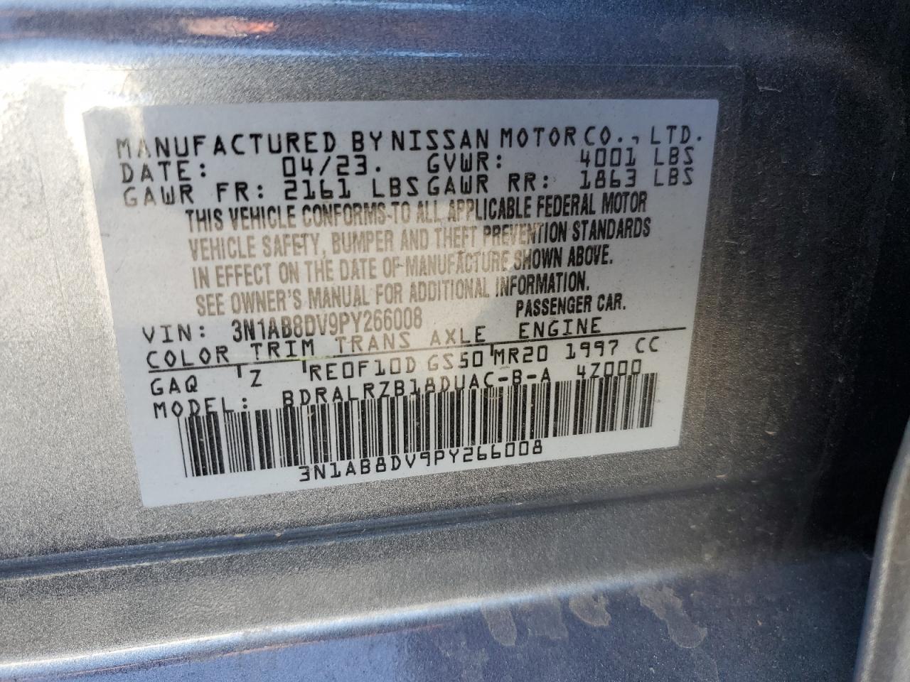 2023 NISSAN SENTRA SR VIN:3N1AB8DV9PY266008