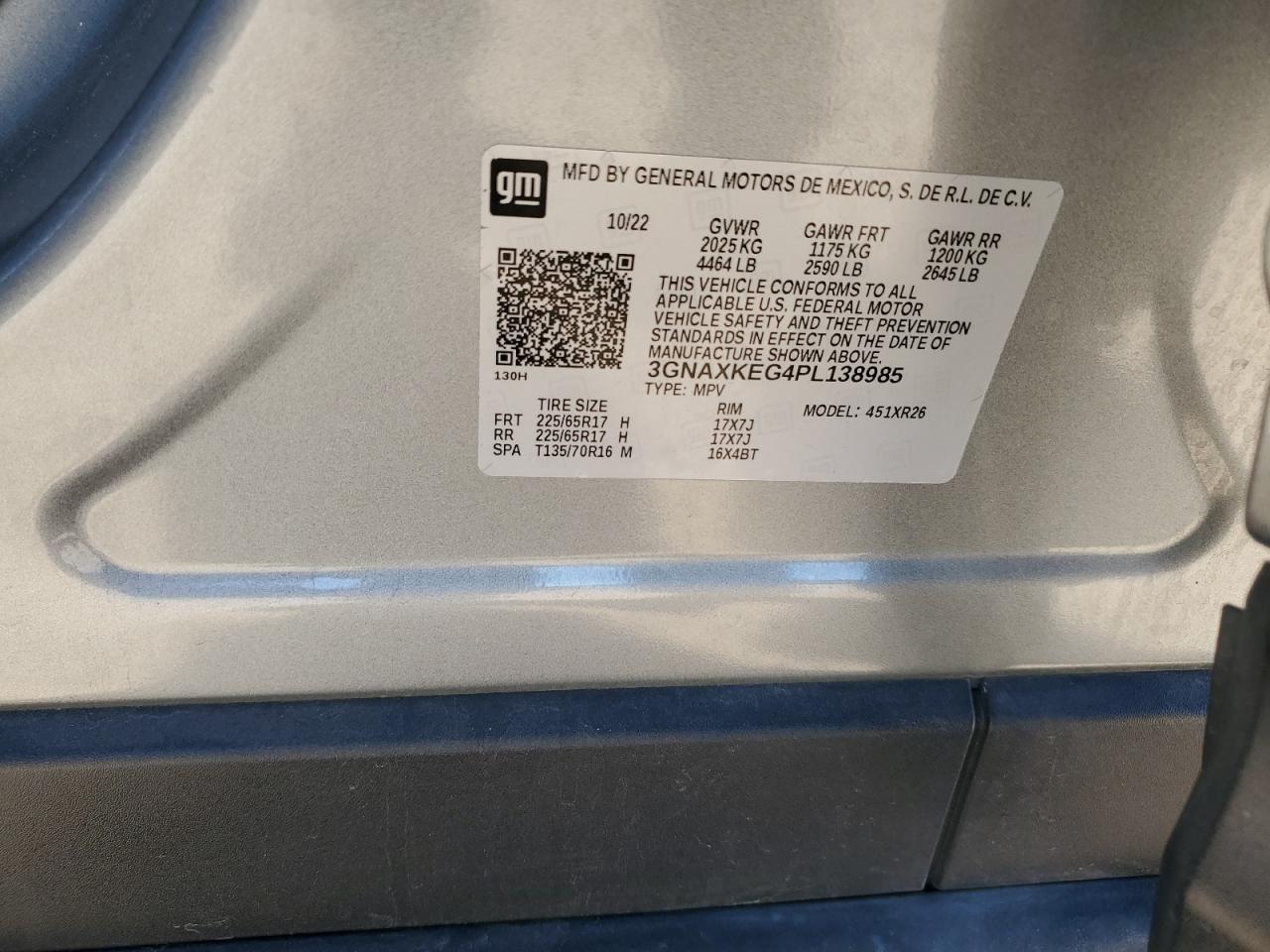 2023 CHEVROLET EQUINOX LT VIN:3GNAXKEG4PL138985