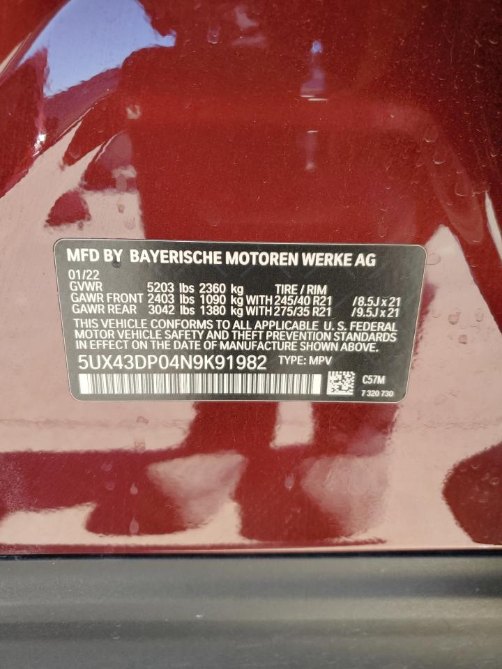 2022 BMW X3 SDRIVE30I VIN:5UX43DP04N9K91982