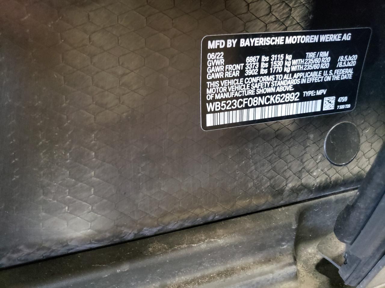 2022 BMW IX XDRIVE50 VIN:WB523CF08NCK62892