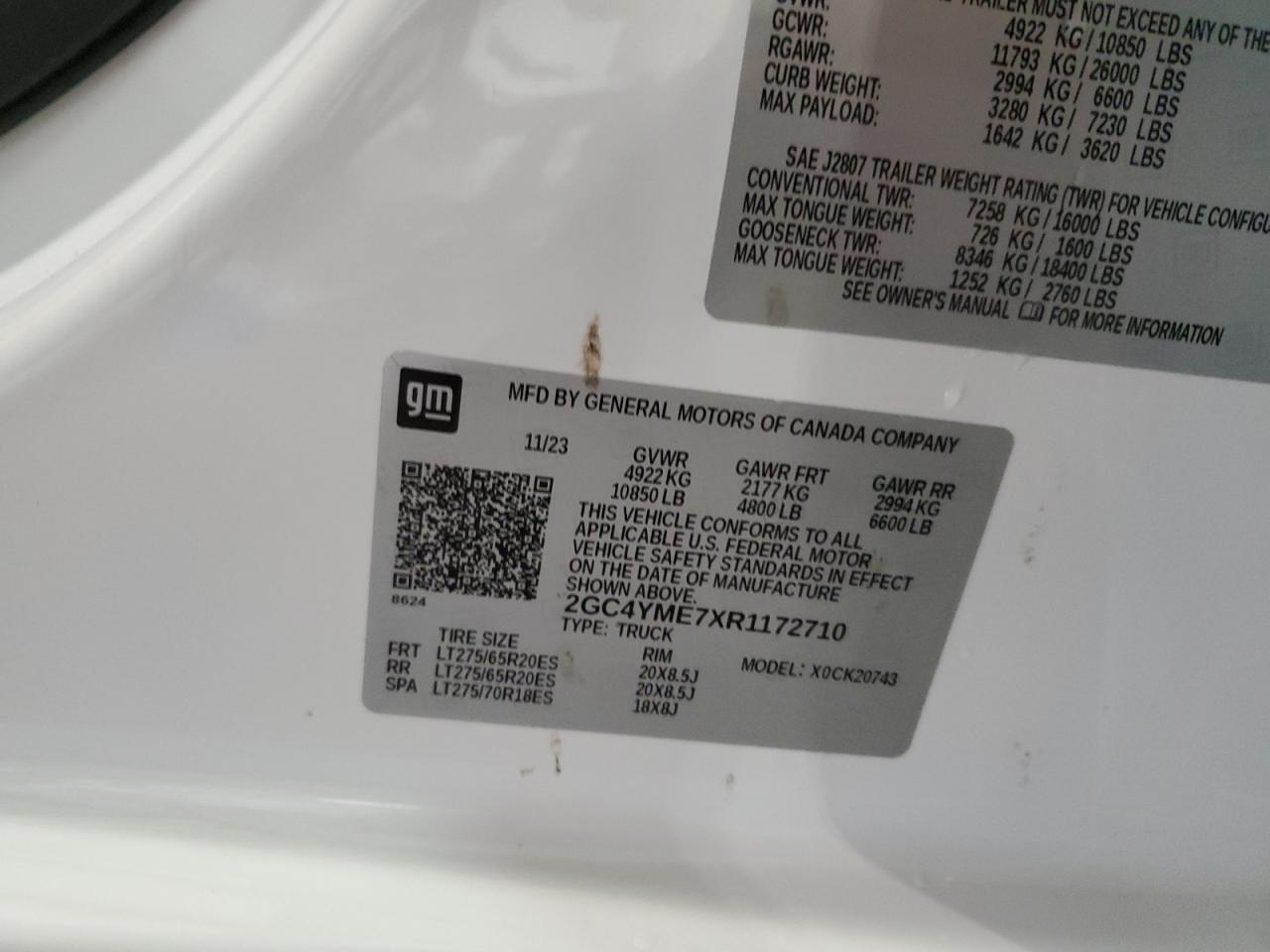 2024 CHEVROLET SILVERADO K2500 CUSTOM VIN:2GC4YME7XR1172710