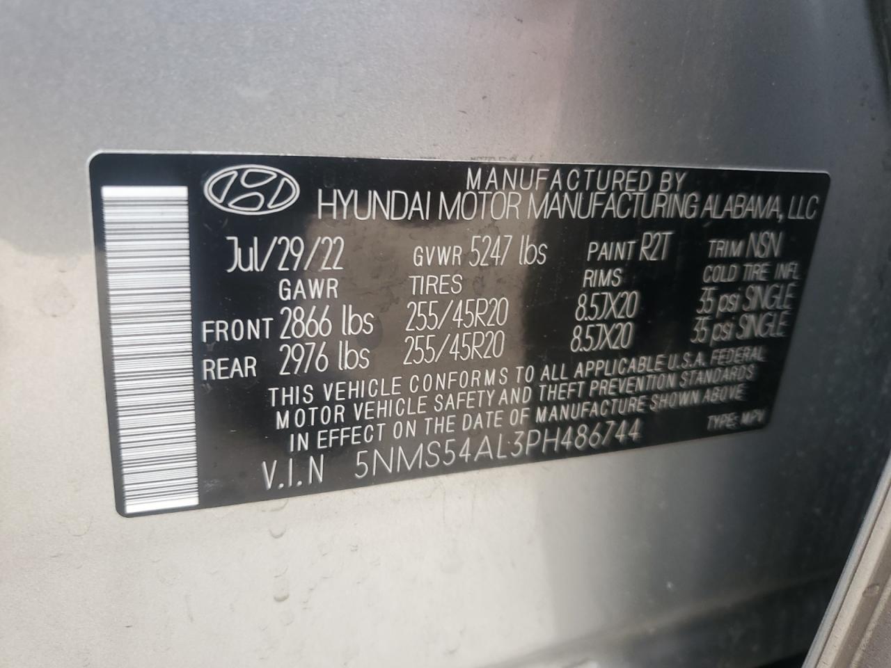 2023 HYUNDAI SANTA FE CALLIGRAPHY VIN:5NMS54AL3PH486744