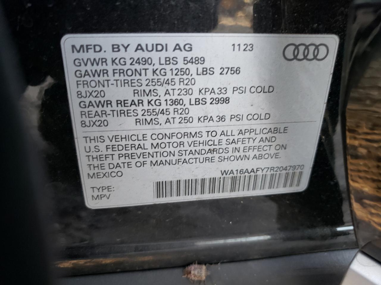 2024 AUDI Q5 SPORTBACK PRESTIGE 45 VIN:WA16AAFY7R2047970