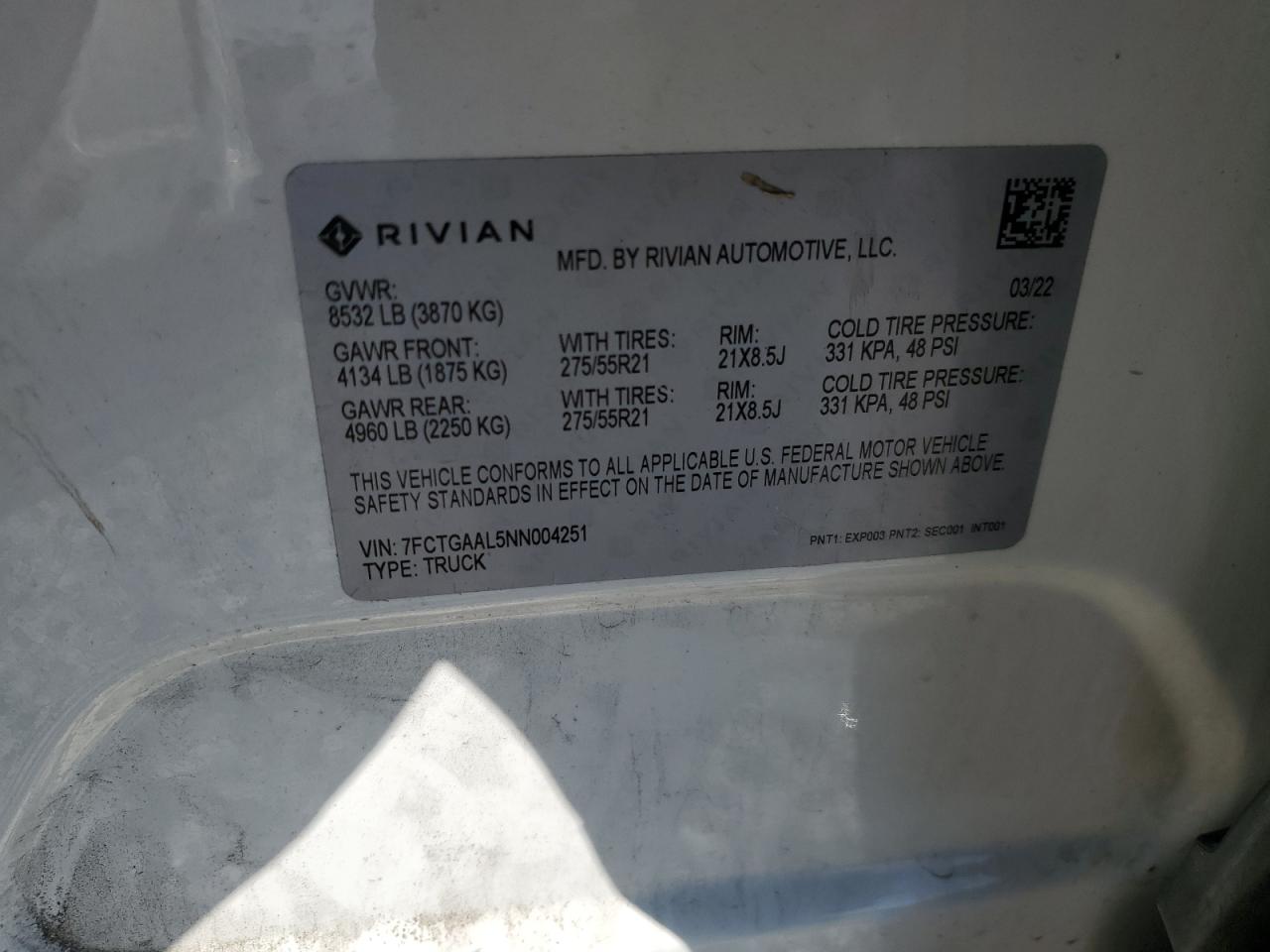 2022 RIVIAN R1T LAUNCH EDITION VIN:7FCTGAAL5NN004251