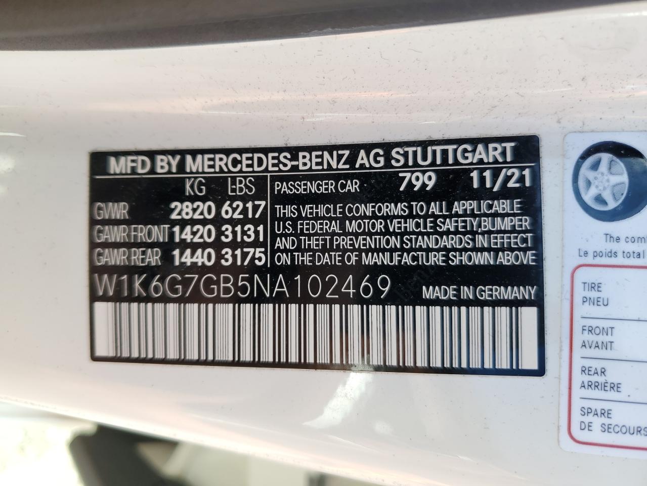 2022 MERCEDES-BENZ S 580 4MATIC VIN:W1K6G7GB5NA102469