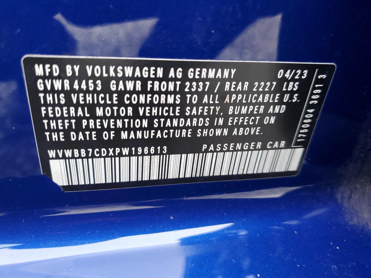 2023 VOLKSWAGEN GOLF R 20TH ANNIVERSARY VIN:WVWBB7CDXPW196613