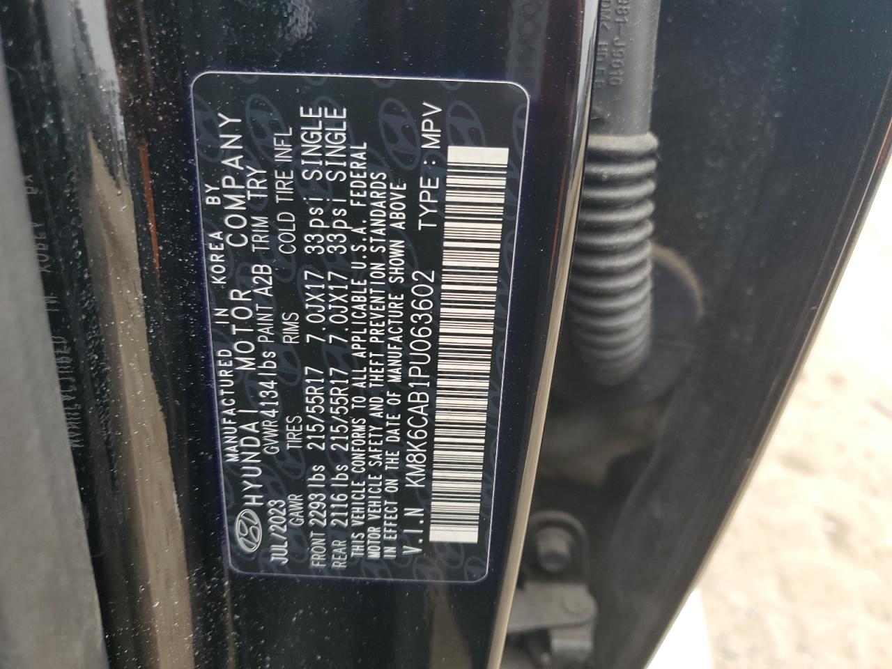 2023 HYUNDAI KONA SEL VIN:KM8K6CAB1PU063602