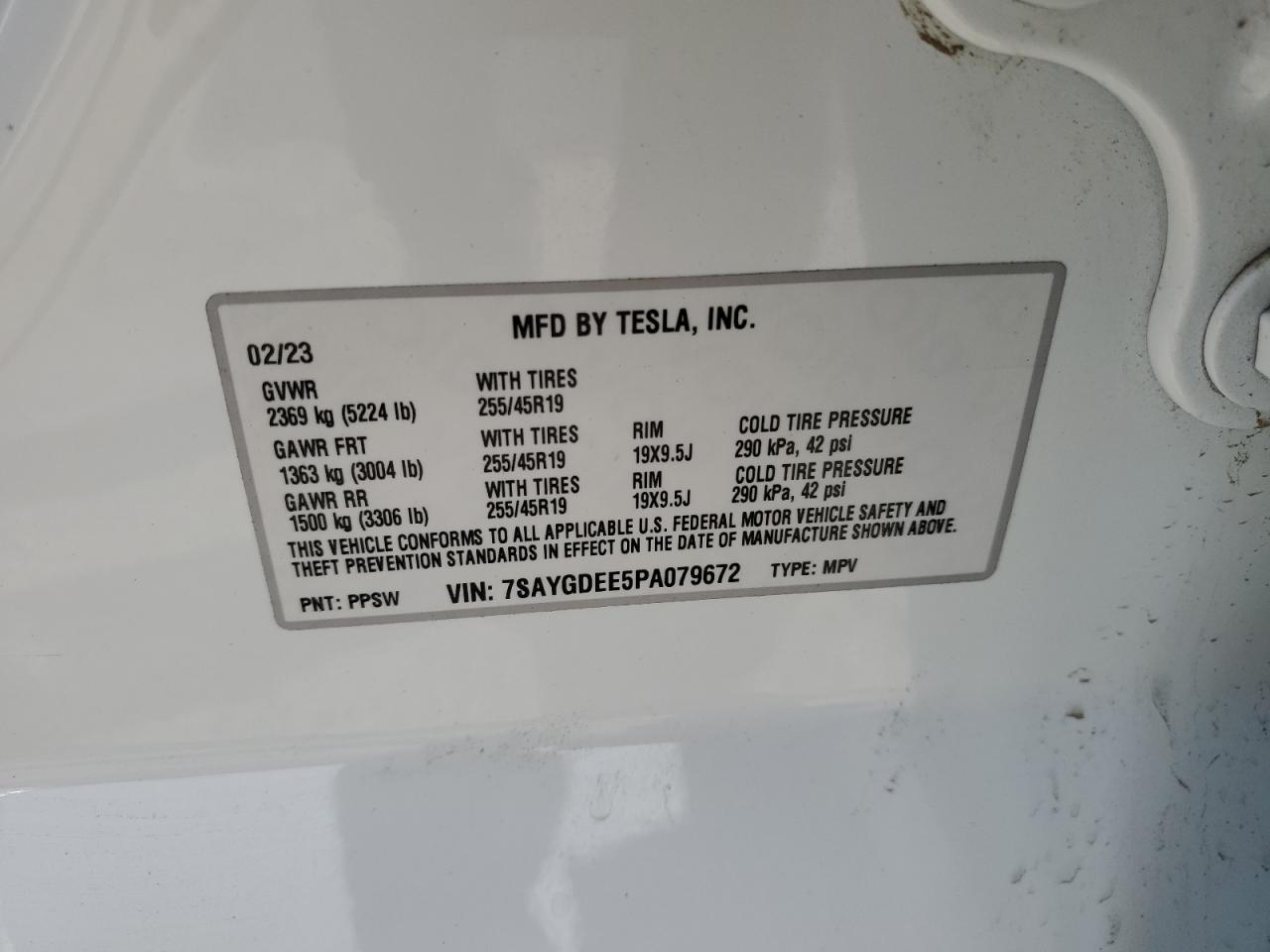 2023 TESLA MODEL Y  VIN:7SAYGDEE5PA079672