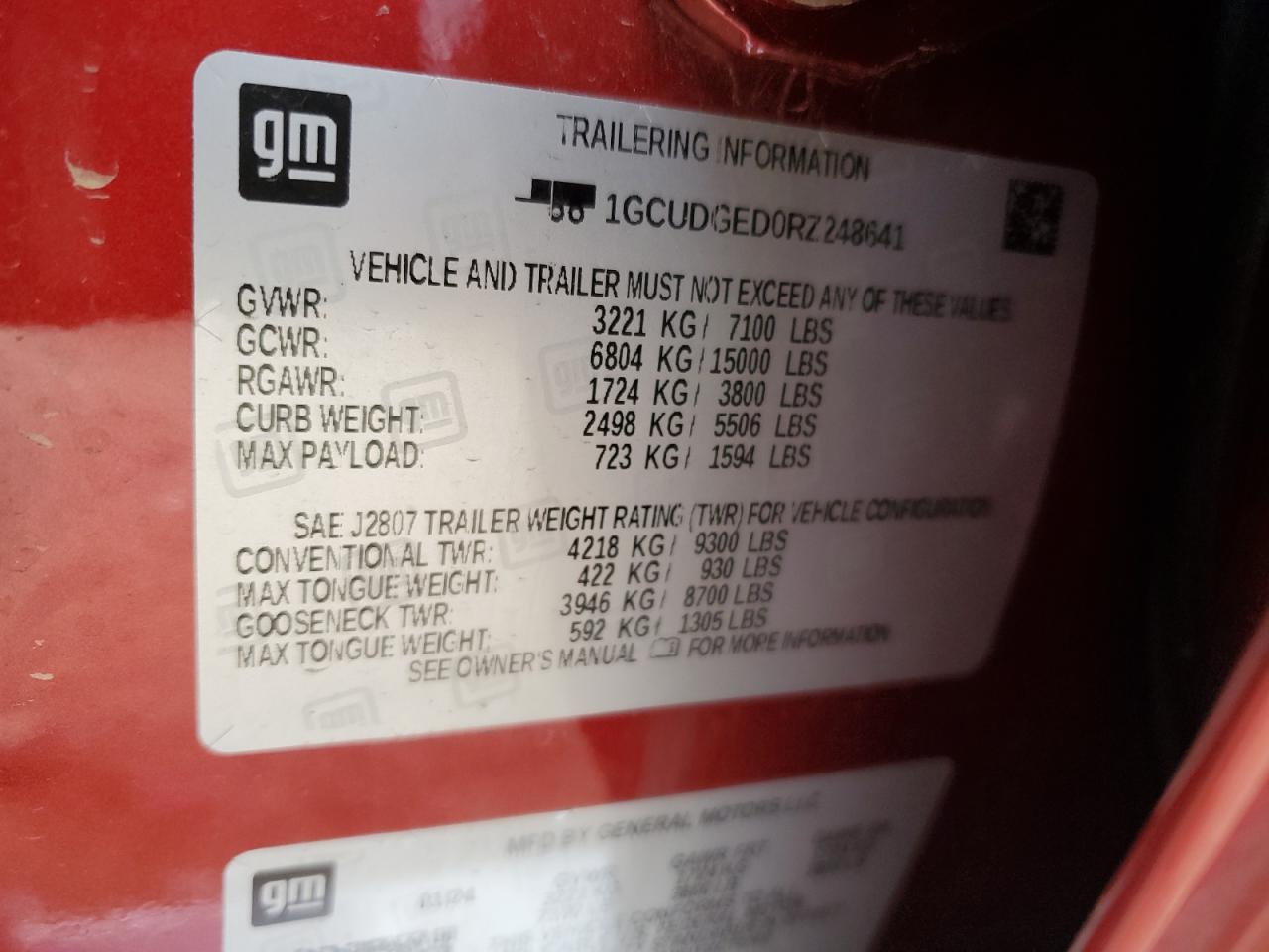 2024 CHEVROLET SILVERADO K1500 LTZ VIN:1GCUDGED0RZ248641