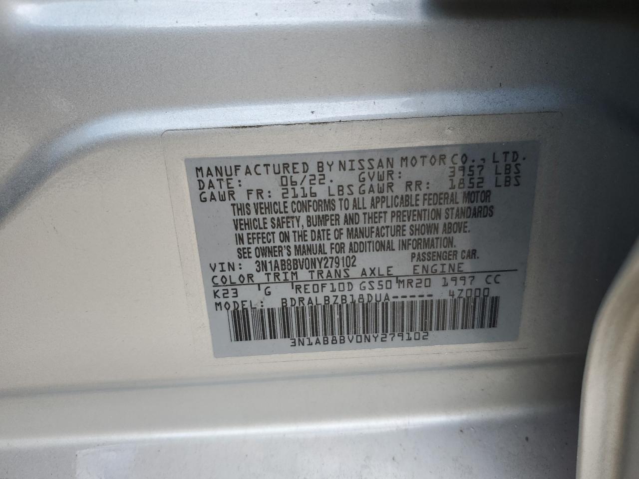 2022 NISSAN SENTRA S VIN:3N1AB8BV0NY279102