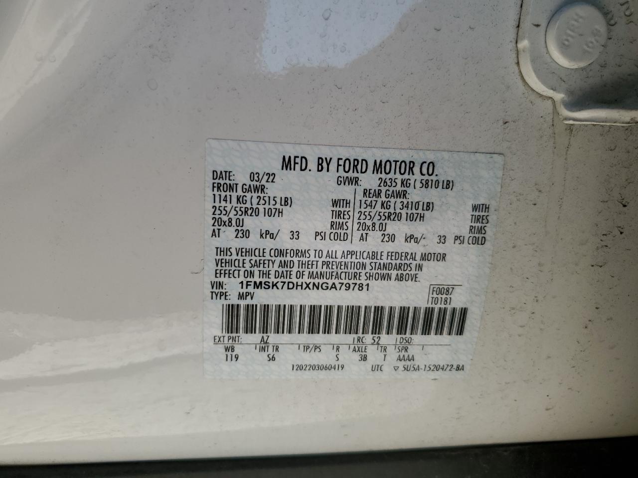 2022 FORD EXPLORER XLT VIN:1FMSK7DHXNGA79781