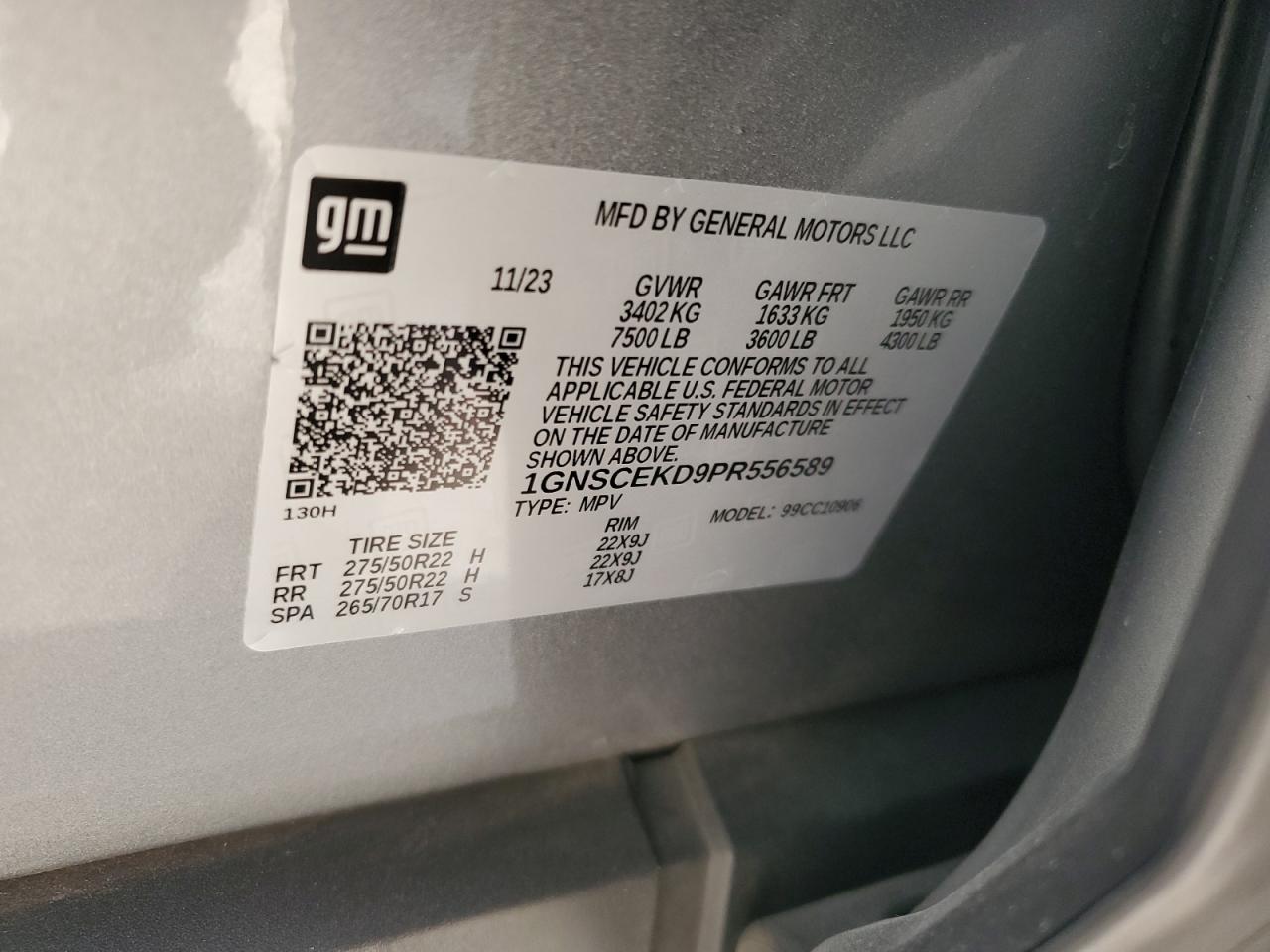 2023 CHEVROLET SUBURBAN C1500 RST VIN:1GNSCEKD9PR556589