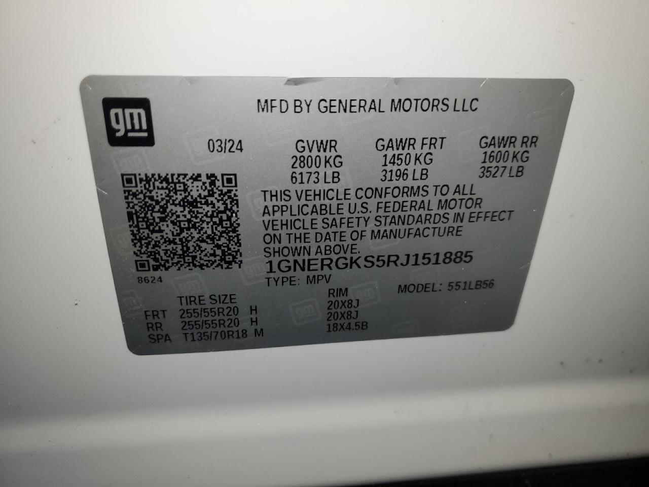 2024 CHEVROLET TRAVERSE LT VIN:1GNERGKS5RJ151885