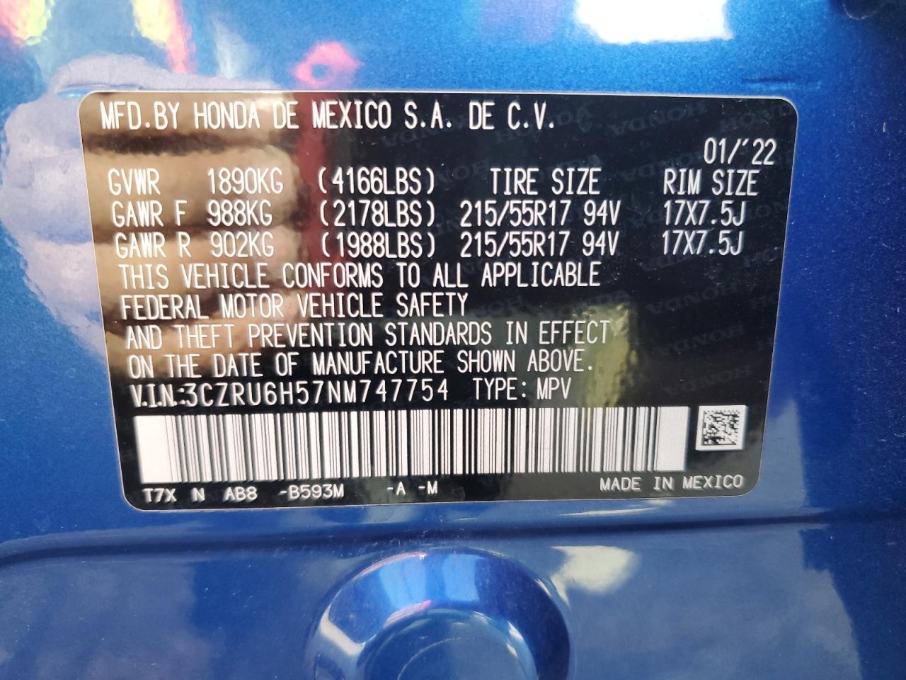 2022 HONDA HR-V EX VIN:3CZRU6H57NM747754