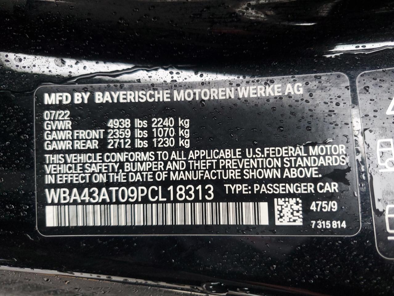 2023 BMW 430XI  VIN:WBA43AT09PCL18313