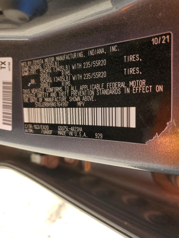 2022 TOYOTA HIGHLANDER XSE VIN:5TDJZRBH9NS164997