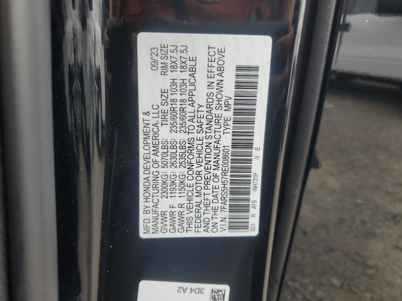 2024 HONDA CR-V SPORT VIN:7FARS5H57RE008601