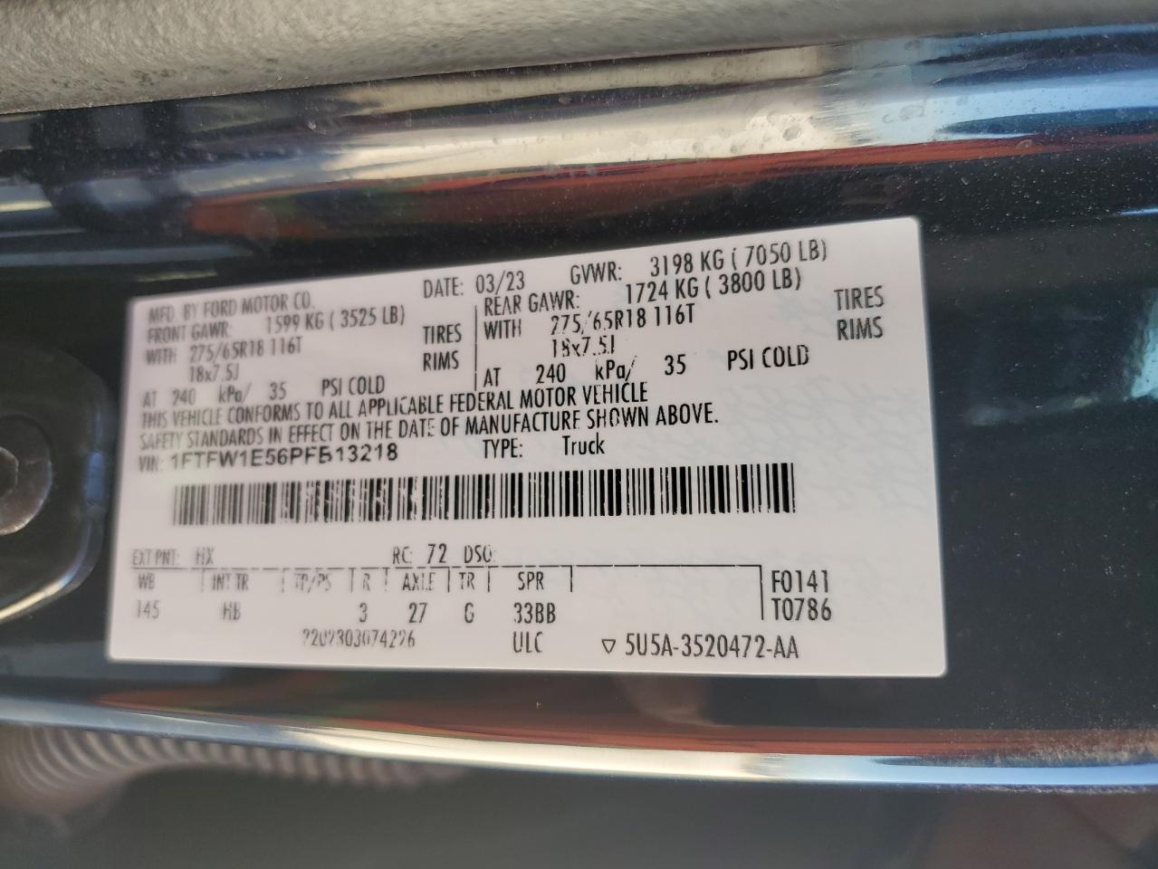 2023 FORD F150 SUPERCREW VIN:1FTFW1E56PFB13218