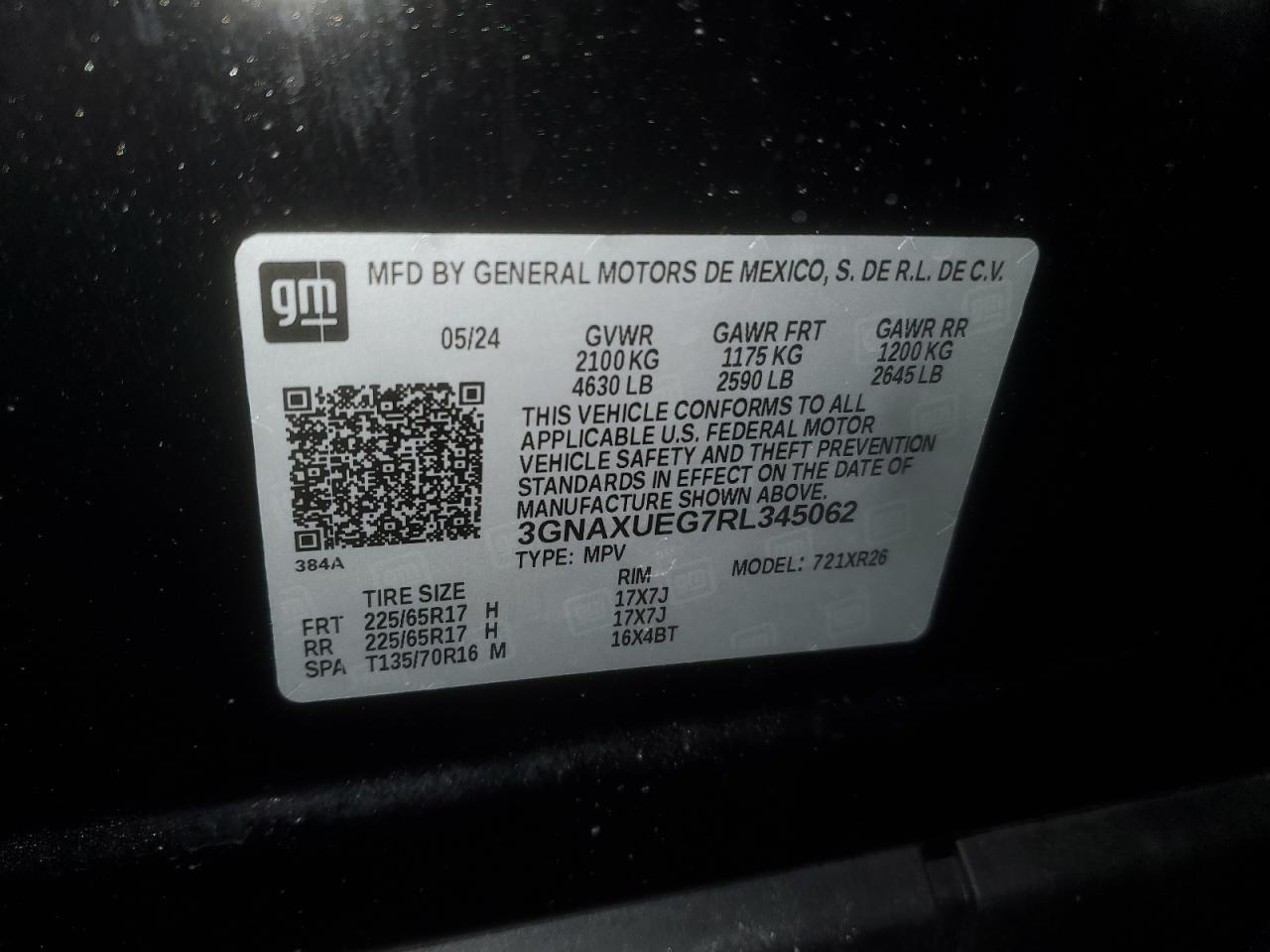 2024 CHEVROLET EQUINOX LT VIN:3GNAXUEG7RL345062