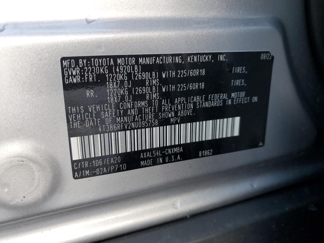 2022 TOYOTA RAV4 XLE PREMIUM VIN:4T3B6RFV2NU095758