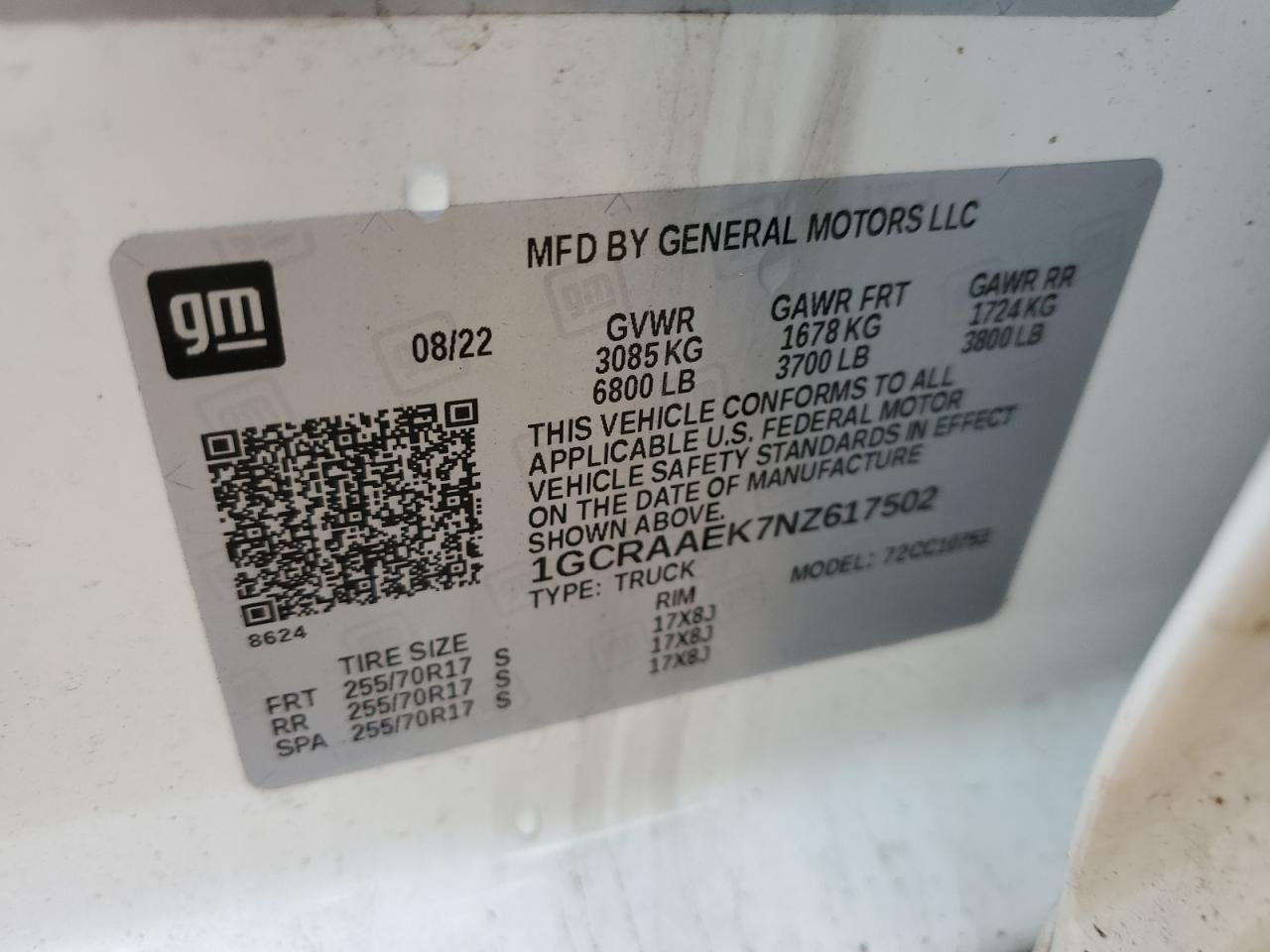 2022 CHEVROLET SILVERADO C1500 VIN:1GCRAAEK7NZ617502