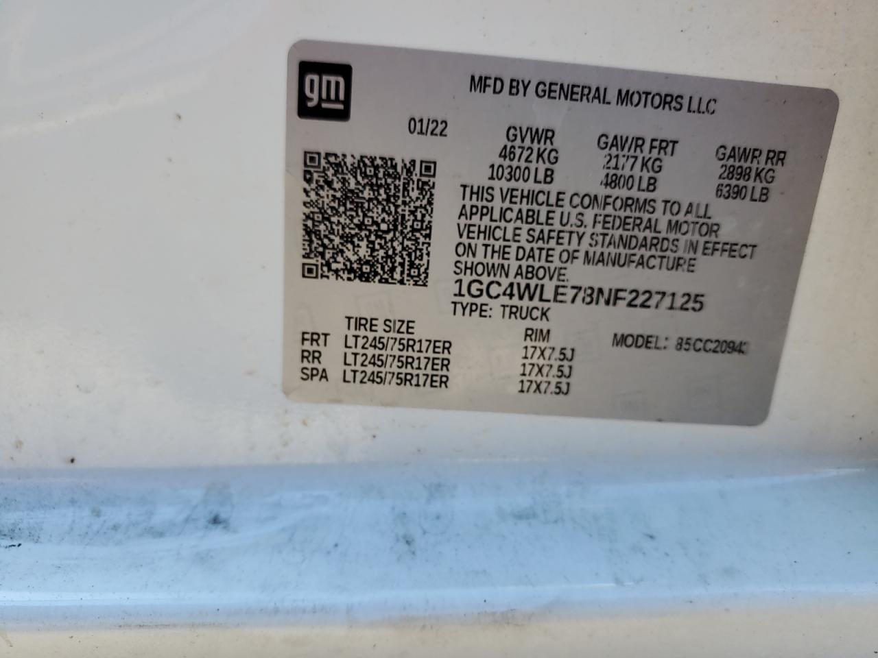 2022 CHEVROLET SILVERADO C2500 HEAVY DUTY VIN:1GC4WLE78NF227125