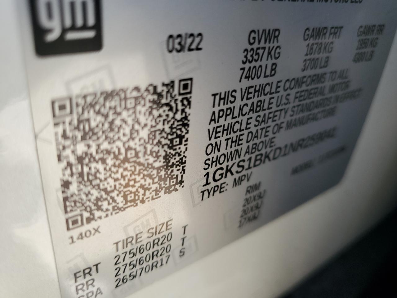 2022 GMC YUKON SLT VIN:1GKS1BKD1NR259041