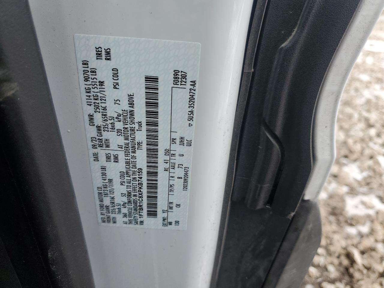 2023 FORD TRANSIT T-250 VIN:1FTBR1C8XPKB74159