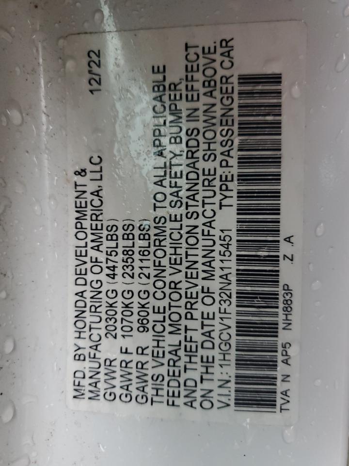 2022 HONDA ACCORD SPORT VIN:1HGCV1F32NA115451