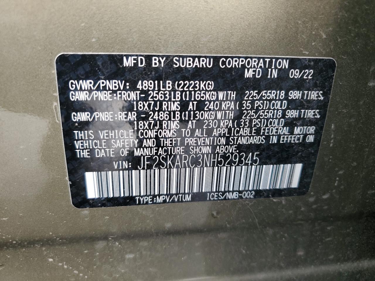 2022 SUBARU FORESTER TOURING VIN:JF2SKARC3NH529345