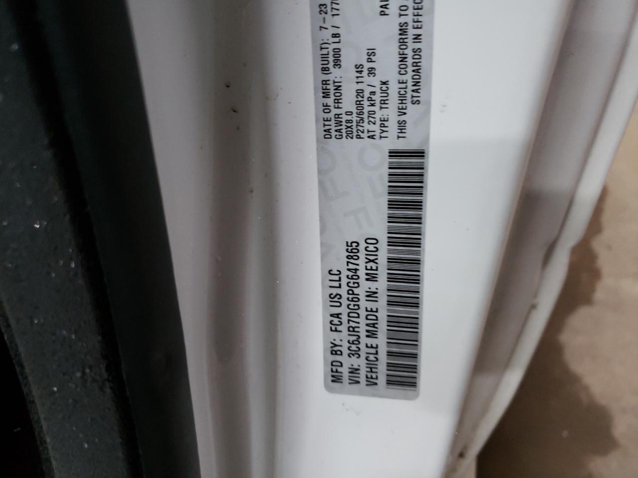 2023 RAM 1500 CLASSIC TRADESMAN VIN:3C6JR7DG6PG647865