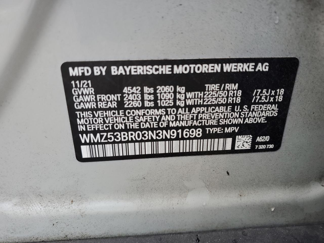 2022 MINI COOPER S COUNTRYMAN VIN:WMZ53BR03N3N91698