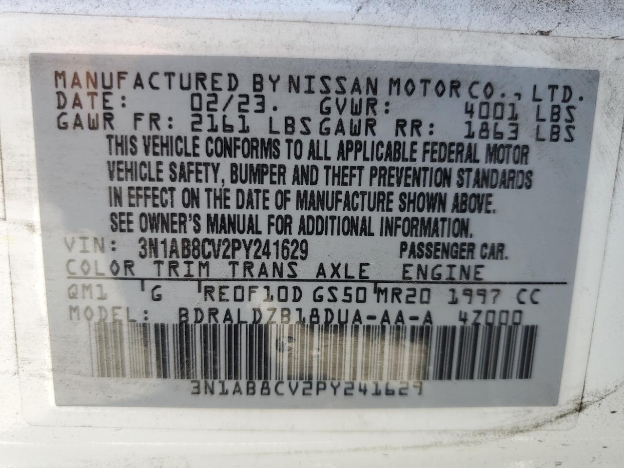 2023 NISSAN SENTRA SV VIN:3N1AB8CV2PY241629