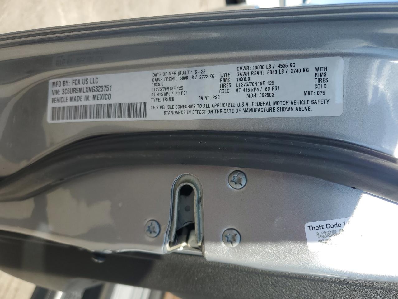 2022 RAM 2500 BIG HORN/LONE STAR VIN:3C6UR5MLXNG323751