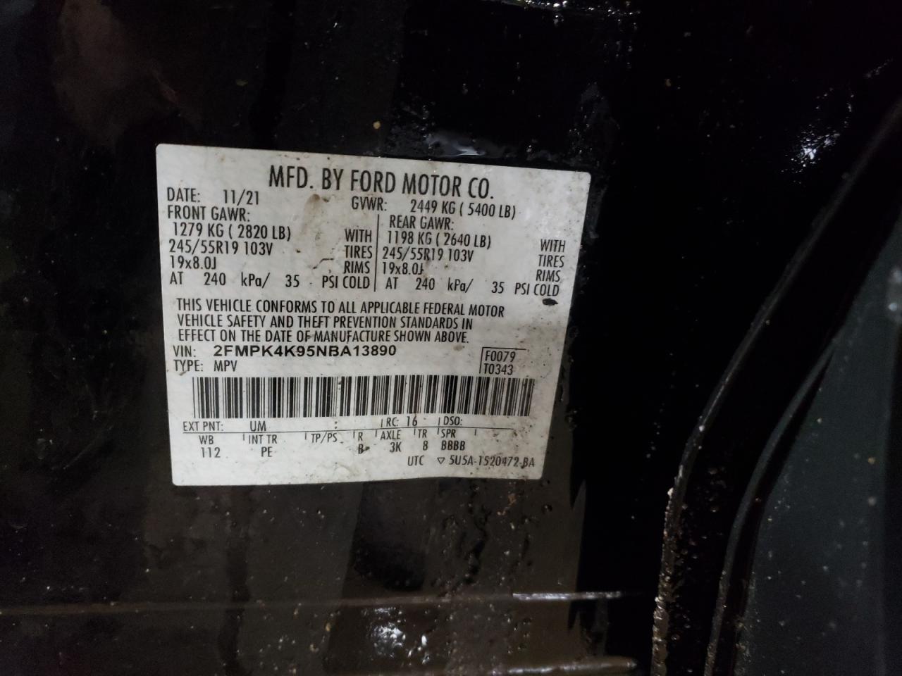2022 FORD EDGE TITANIUM VIN:2FMPK4K95NBA13890