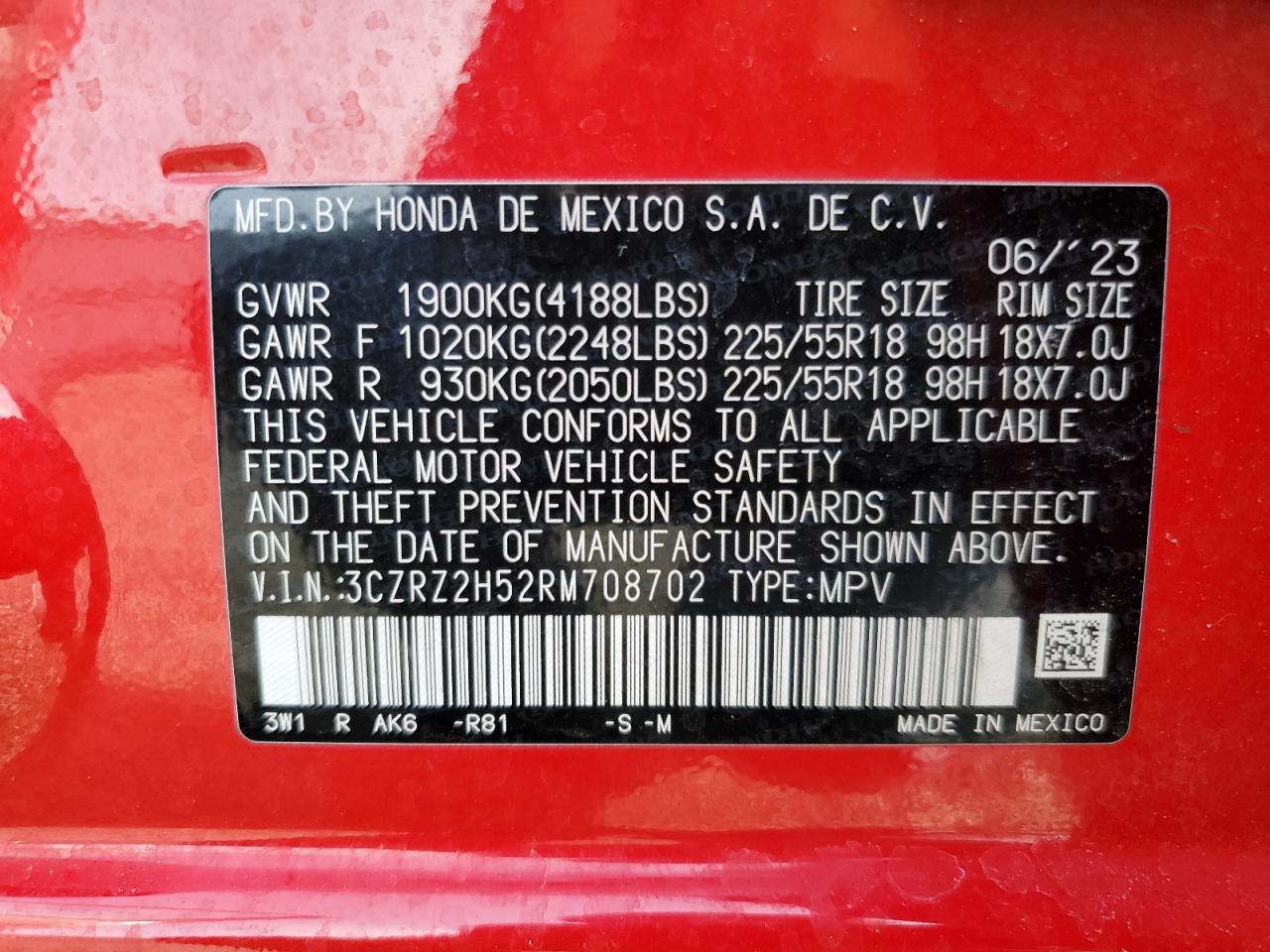 2024 HONDA HR-V SPORT VIN:3CZRZ2H52RM708702