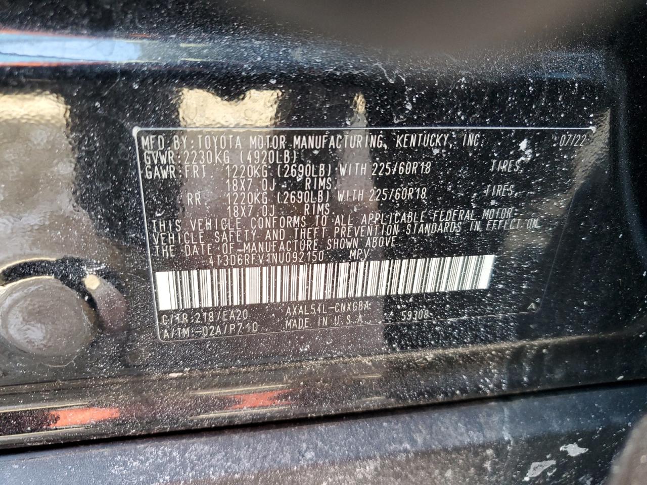 2022 TOYOTA RAV4 LIMITED VIN:4T3D6RFV1NU092150