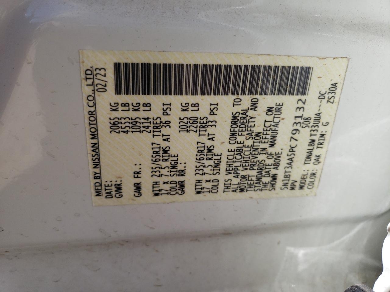 2023 NISSAN ROGUE S VIN:5N1BT3AA5PC793132