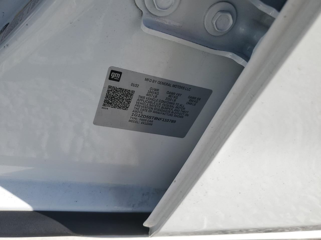 2022 CHEVROLET MALIBU LT VIN:1G1ZD5ST8NF110789