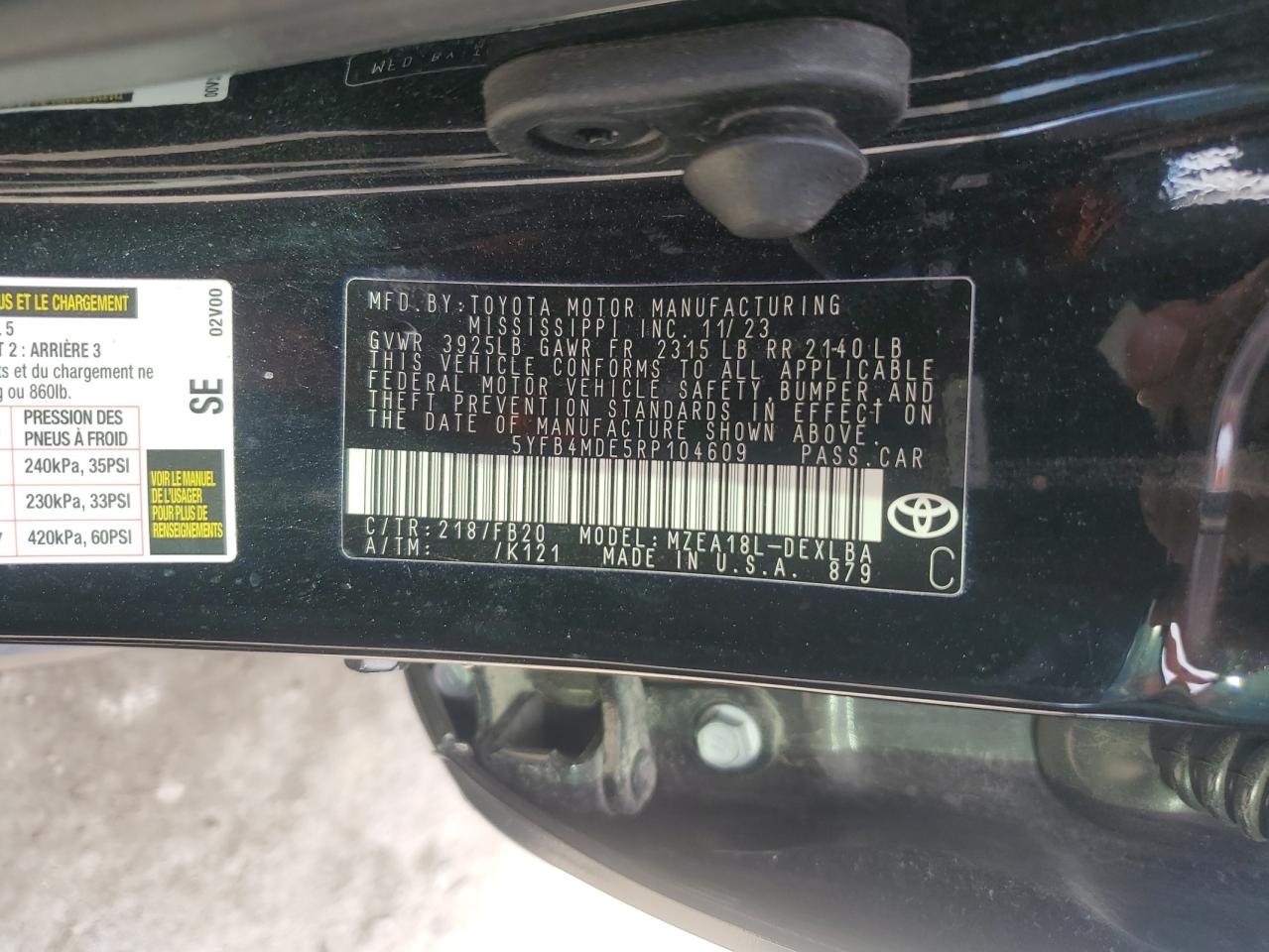 2024 TOYOTA COROLLA LE VIN:5YFB4MDE5RP104609
