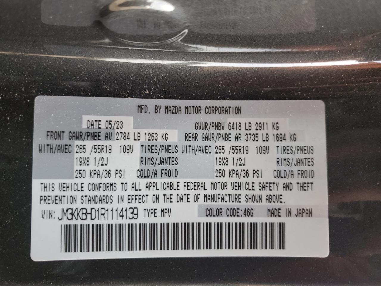 2024 MAZDA CX-90 PREFERRED VIN:JM3KKBHD1R1114139