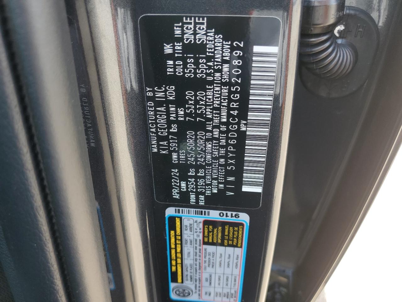 2024 KIA TELLURIDE S VIN:5XYP6DGC4RG520892