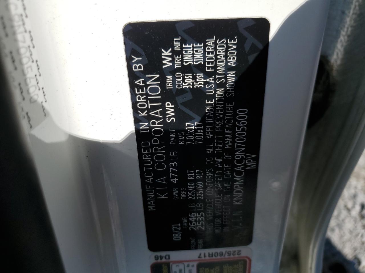 2022 KIA SPORTAGE LX VIN:KNDPMCAC9N7005600