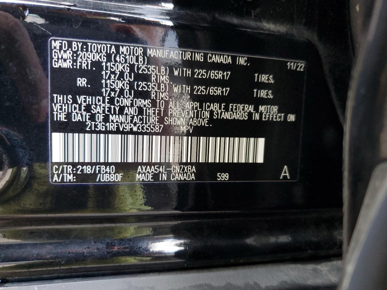 2023 TOYOTA RAV4 LE VIN:2T3G1RFV9PW335587