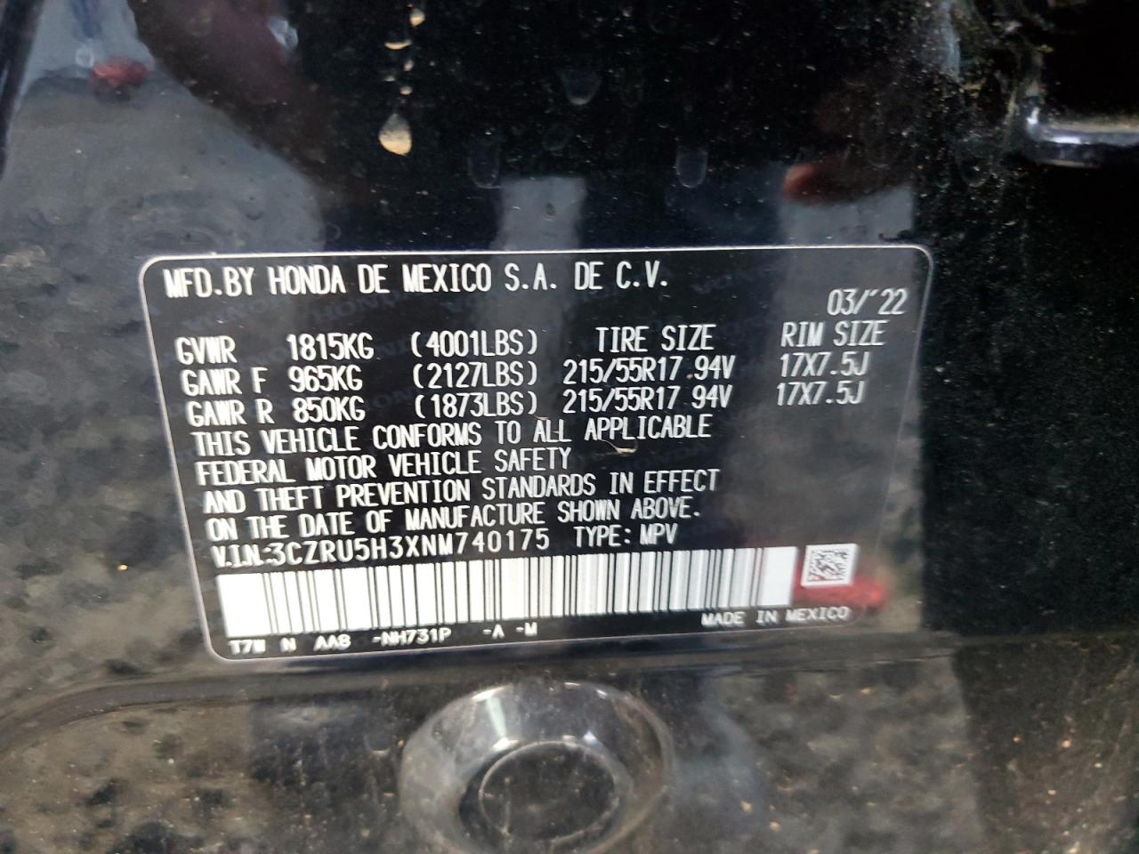 2022 HONDA HR-V LX VIN:3CZRU5H3XNM740175