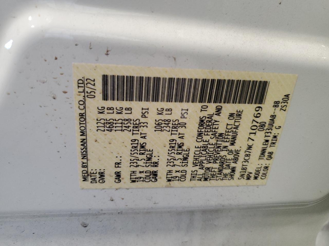 2022 NISSAN ROGUE SL VIN:5N1BT3CB7NC710769